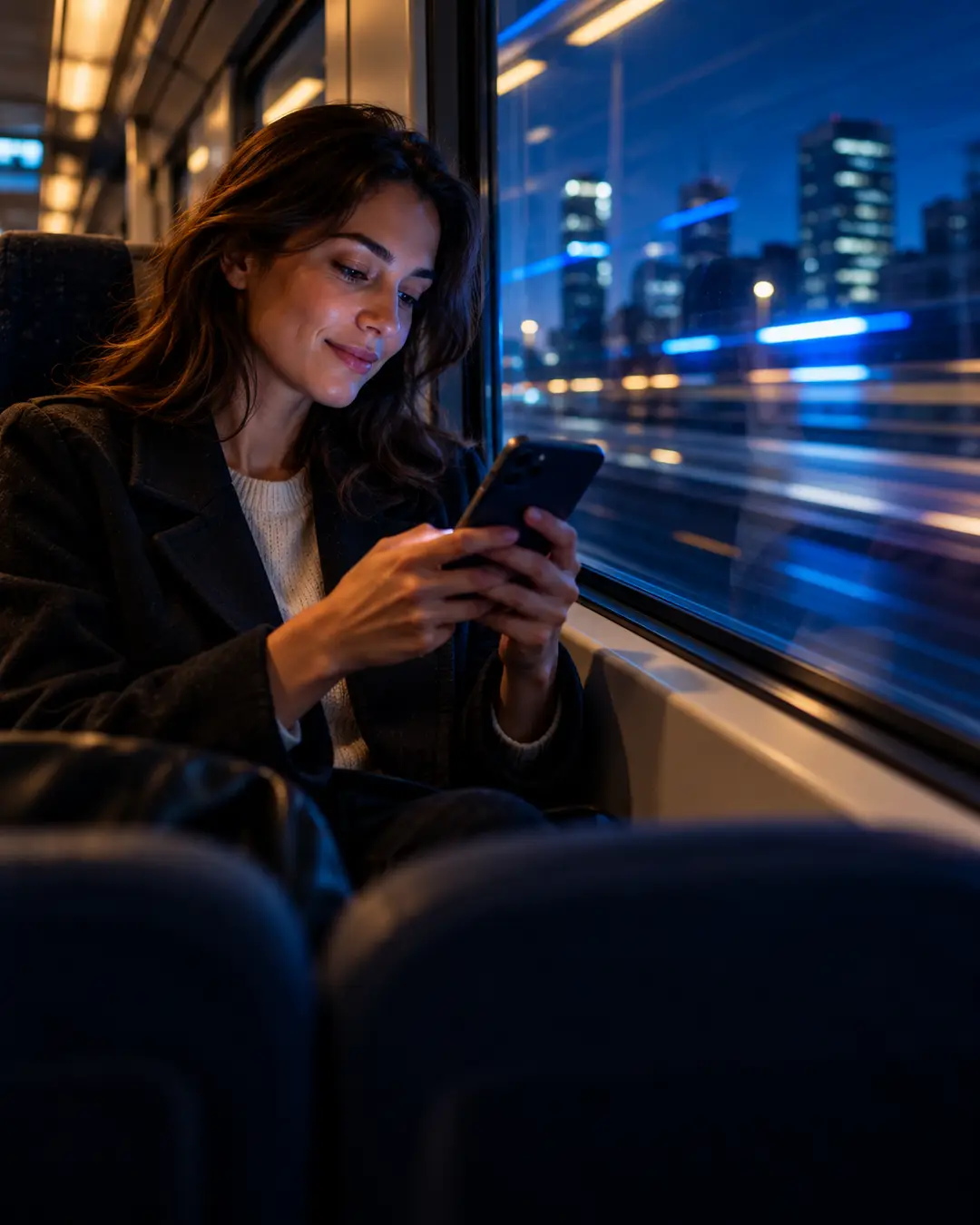 Une femme assise près de la fenêtre d’un train de nuit sourit en lisant son téléphone, les lumières de la ville défilent derrière la vitre.