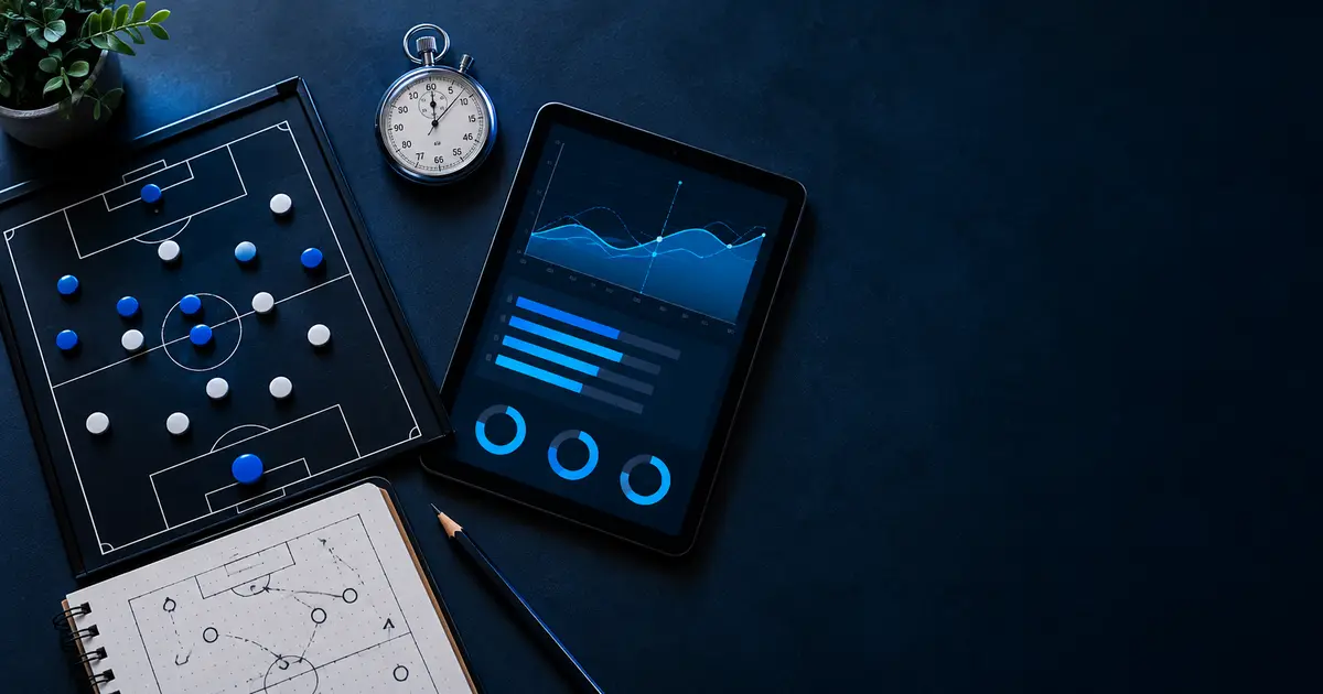 Un tableau tactique aimanté, un chronomètre, une tablette affichant des courbes et un carnet de schémas sur une table sombre.